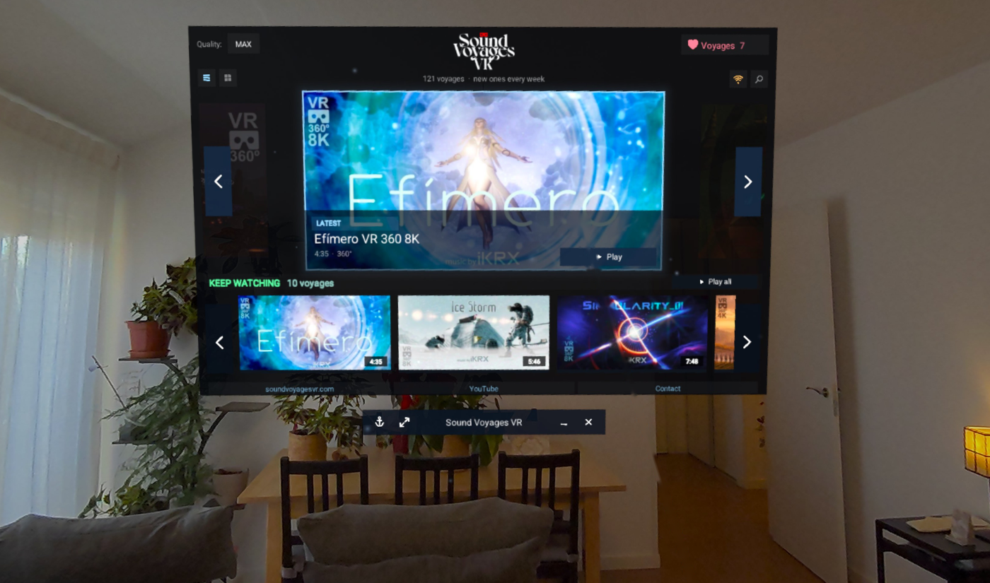 The Sound Voyages VR app on Meta Quest in mixed reality: the menu of 121 immersive 360° music voyages floating in a living room